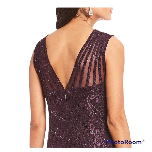 R&M Richards Illusion Shoulder High V-Neck Sleeveless Lace Sheath Gown - Picture 4 of 5